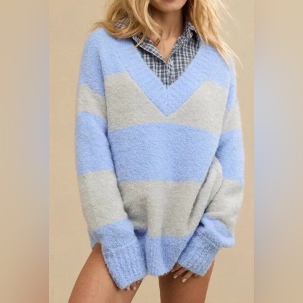 Aerie Teddy Boucle Sweater Ocean Sky Blue & Gray Oversized Long Length Size XL